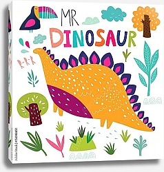 Постер Иллюстрация с забавным динозавром и цветком 3