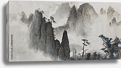 Постер Высокие горы, сосны и туман