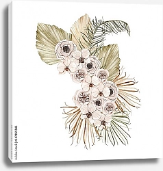 Постер Летний тропический букет с цветами роз и сушеными  пальмовыми листьями