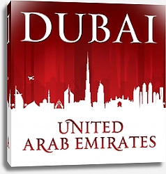 Постер  Дубай, ОАЭ. Силуэт города на красном фоне