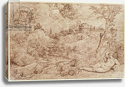 Постер Тициан (Tiziano Vecellio) Landscape with a Dragon and a Nude Woman Sleeping