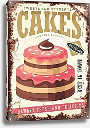 Постер Ретро-плакат с вкусным розовым тортом на старом ржавом фоне