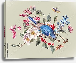 Постер Птица на ветке с розовыми цветами, ягодами и жуками