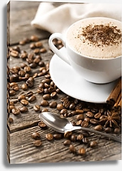 Постер Горячий кофе с корицей на деревянном фоне