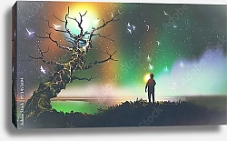 Постер Ночной пейзаж с мальчиком и деревом