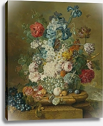 Постер Линторст Якобус Still Life Of Peonies, Primroses, Irises, Tulips, A Poppy And Other Flowers With Grapes, A Melon, A Pomegranate, Peaches, Plums And Nuts