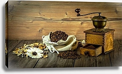 Постер Мешок кофейных зерен и кофемолка