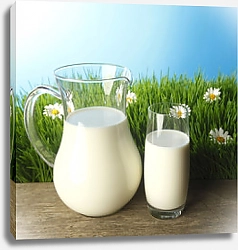 Постер Стакан и графин молока на цветочном лугу