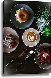 Постер Чашка кофе с тремя десертами
