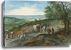 Постер Брейгель Ян Старший Панорамный пейзаж с крытой телегой и путниками