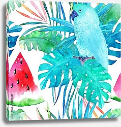Постер Летний узор с голубым попугаем, пальмовыми листьями и арбузом 