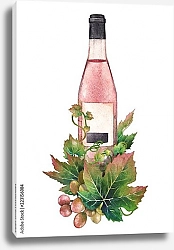 Постер Акварельная бутылка розового вина, украшенная виноградными листьями и ягодами