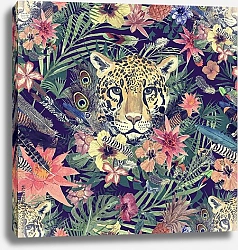 Постер Леопард в цветах и перьях