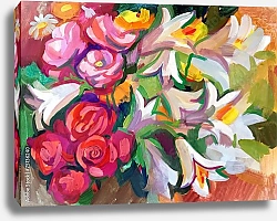 Постер Букет цветов из роз и лилий, гуашь