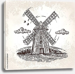 Постер Ветряная мельница в деревенском пейзаже