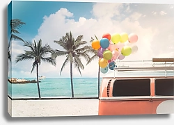 Постер Ретро автомобиль с воздушными шарами на пляже