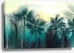Постер Джунгли с пальмами и листьями на рассвете