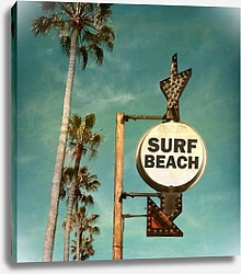 Постер Ретро-фото со знаком для серфинга с пальмами на пляже