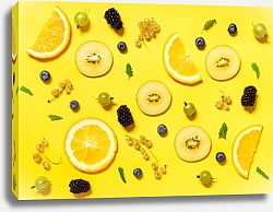 Постер Разбросанные фрукты и ягоды на желтом фоне
