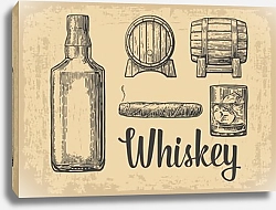 Постер Стакан виски с кубиками льда, бочка, бутылка, сигара