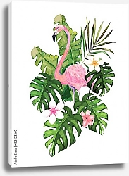 Постер Розовый фламинго в пальмовых листьях