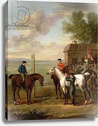 Постер Уоттон Джон Racehorses with jockeys up by the rubbing down house on Newmarket Heath