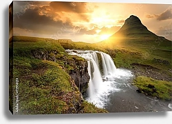 Постер Исландия. Закат над водопадом
