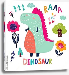 Постер Иллюстрация с забавным динозавром и цветком 2