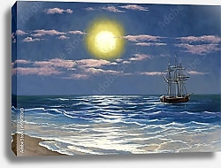 Постер Ночной морской пейзаж с парусной лодкой