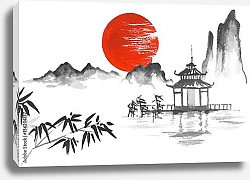 Постер Японский традиционный пейзаж с пагодой