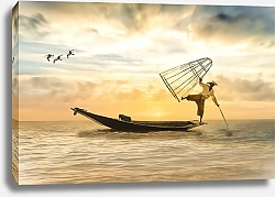 Постер Азиатский рыбак в лодке с сетью