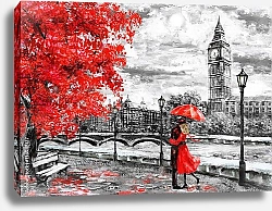 Постер Мужчина и женщина под красным зонтиком в Лондоне