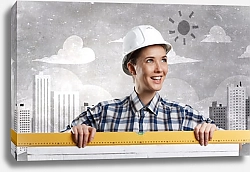 Постер Девушка-строитель со строительной линейкой