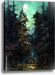 Постер Ночной пейзаж с домом в лесу под луной