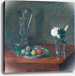 Постер Латур Анри Натюрморт со стеклянным кувшином, фруктами и цветами