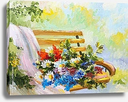 Постер Букет цветов на скамейке