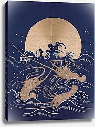 Постер Школа: Японская 19в. A Japanese embroidered textile panel of dark blue satin depicting three crayfish among waves before a rising sun