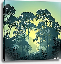 Постер Лесной пейзаж с деревьями на рассвете