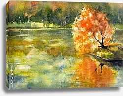 Постер Осеннее дерево с оранжевыми листьями, отражающимися в озере