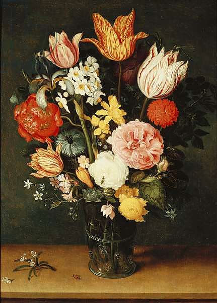 Tulips, Roses and other Flowers in a Glass Vase