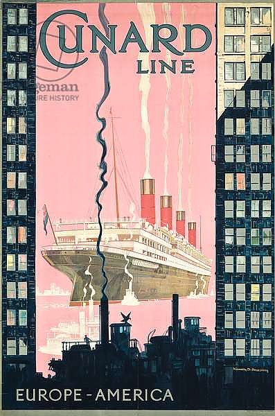 Poster advertising travel from Europe to America with shipping company Cunard Line, c. 1925