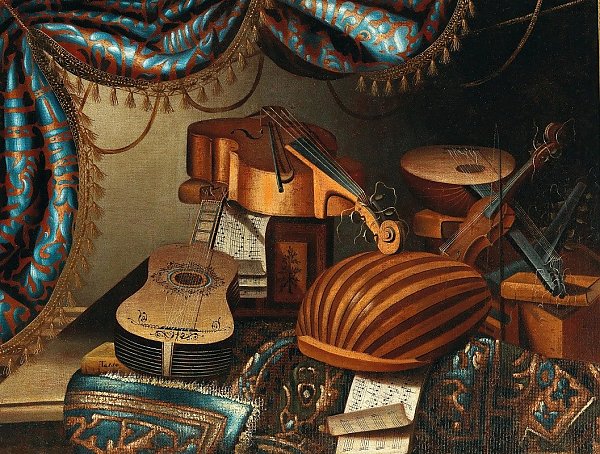 Musical instruments, music scores and books on a table draped with a carpet