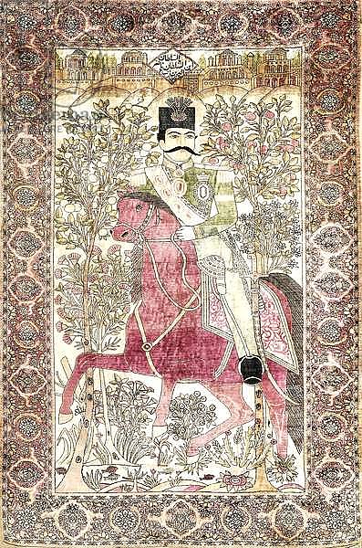 An antique silk Kashan 'mochtasham' pictorial rug, depicting the mounted figure of Naser al-Din Shah,