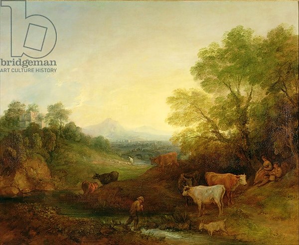 A Landscape with Cattle and Figures by a Stream and a Distant Bridge, c.1772-4