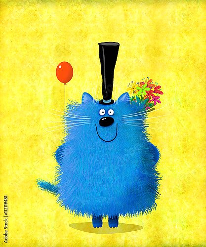 Синий кот с цветами в руках и воздушным шаром