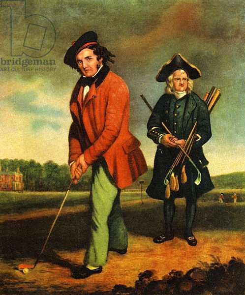A gentleman golfing with his caddy