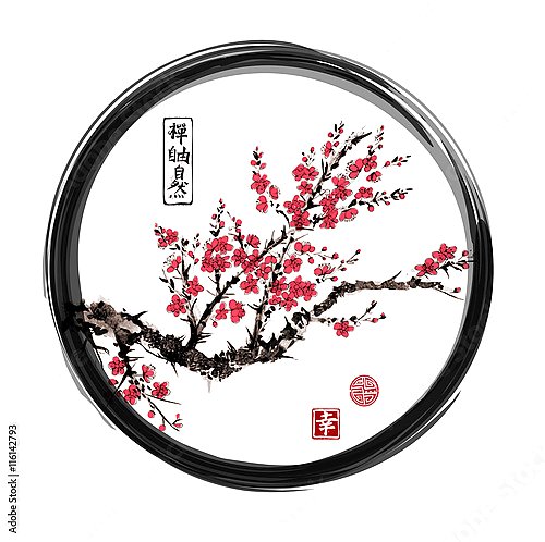 Восточная цветущая сакура в круглом окне