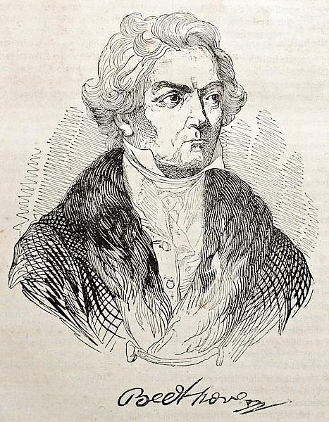 Ludwig van Beethoven old engraved portrait and autograph. Published on Magasin Pittoresque, Paris, 1