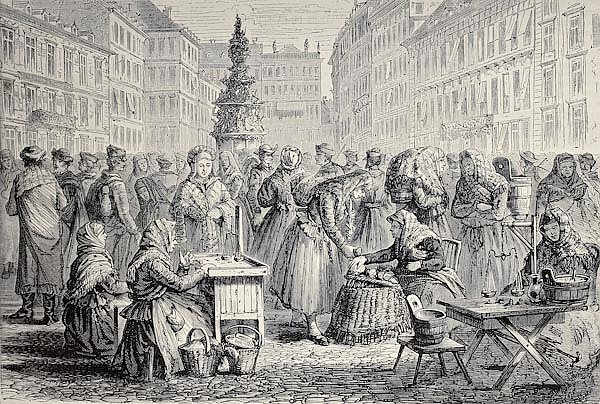 Brno market, Czech Republic. Original, created by Lallemand, published on L'Illustration, Jounrnal U