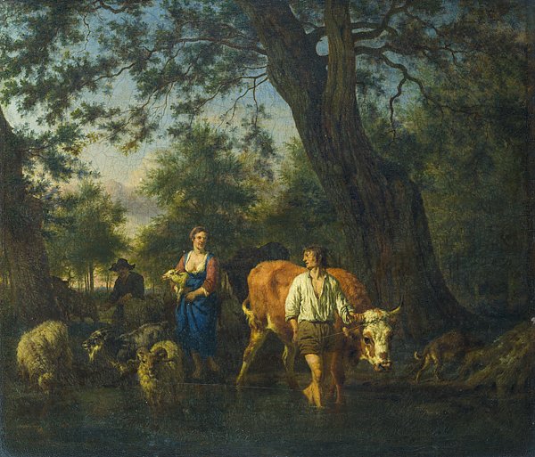 Крестьяне со скотом переходям ручей